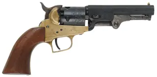 1849 Colt Pocket Model Revolver,
.31 caliber, 4" barrel,
five shot,cylinder, blued, walnut, 
brass frame, made in Italy